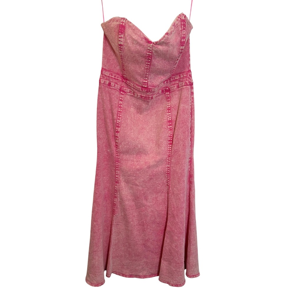 Flying Tomato Denim Midi Dress Size L Bubblegum Pink Strapless Acid Wash